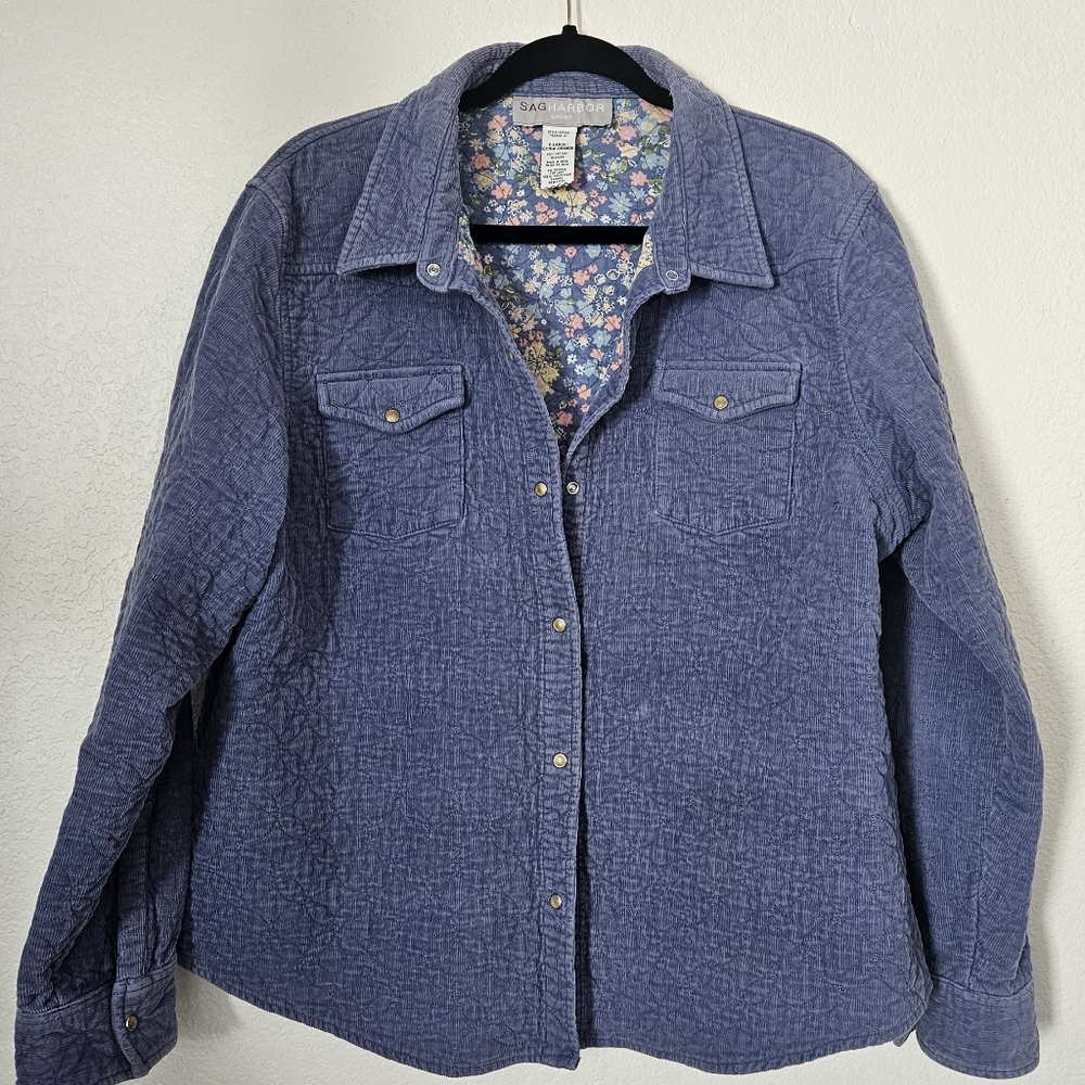 Sag Harbor Sport Snap Buttons Corduroy Quilted Shacket Floral Lining